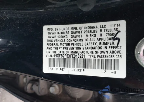 2015 Honda Civic Lx z USA, uszkodzony, nr VIN 19XFB2F5XFE018931